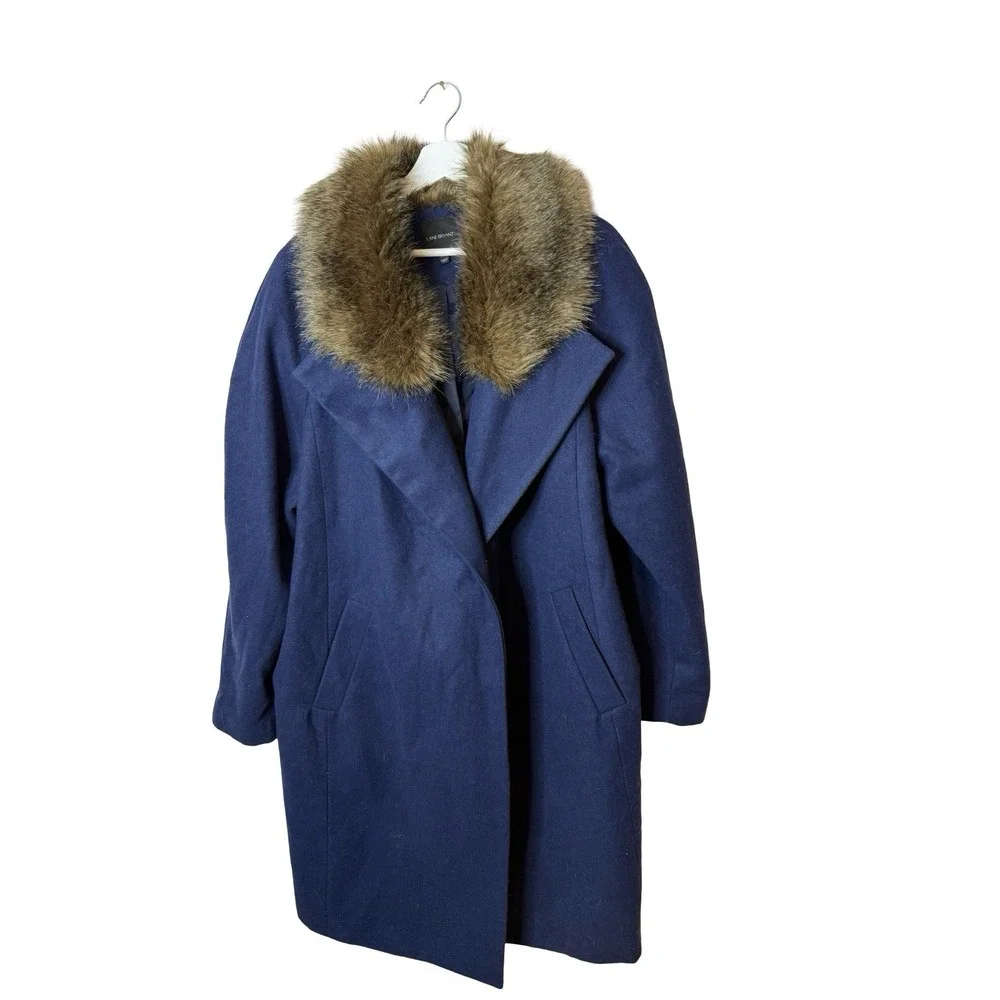 Lane Bryant womens 18-20 blue trench coat faux fur collar